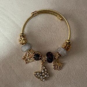 Pulsera de Charms 100% Acero Dorado MODELO COIMBRA - Edicion Mariposas y Brillo Premium